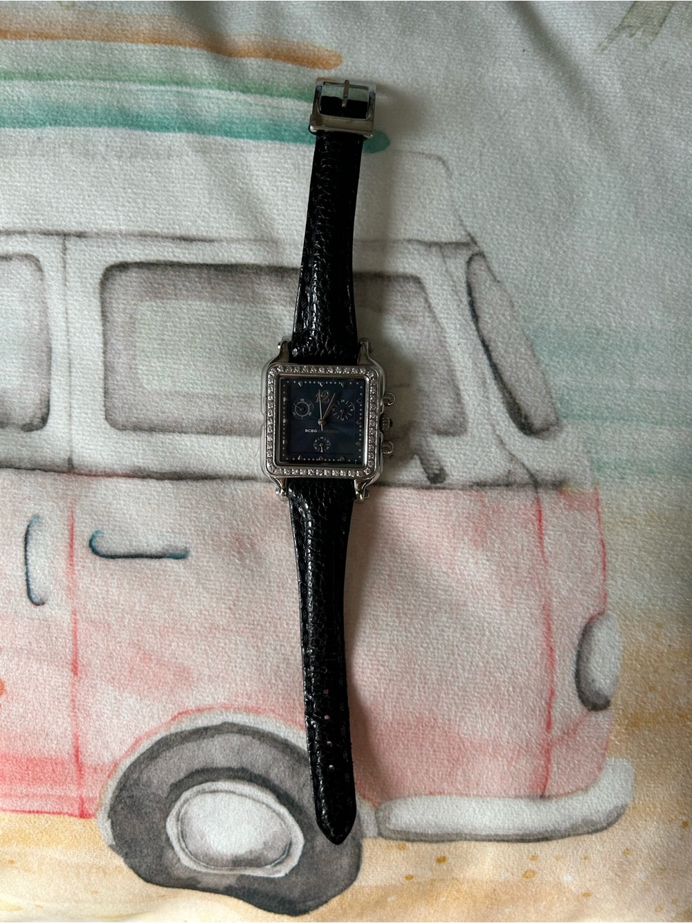 BCBGMAXAZRIA Silver Tone Sparkling Gem Black Genuine Leather Strap Watch